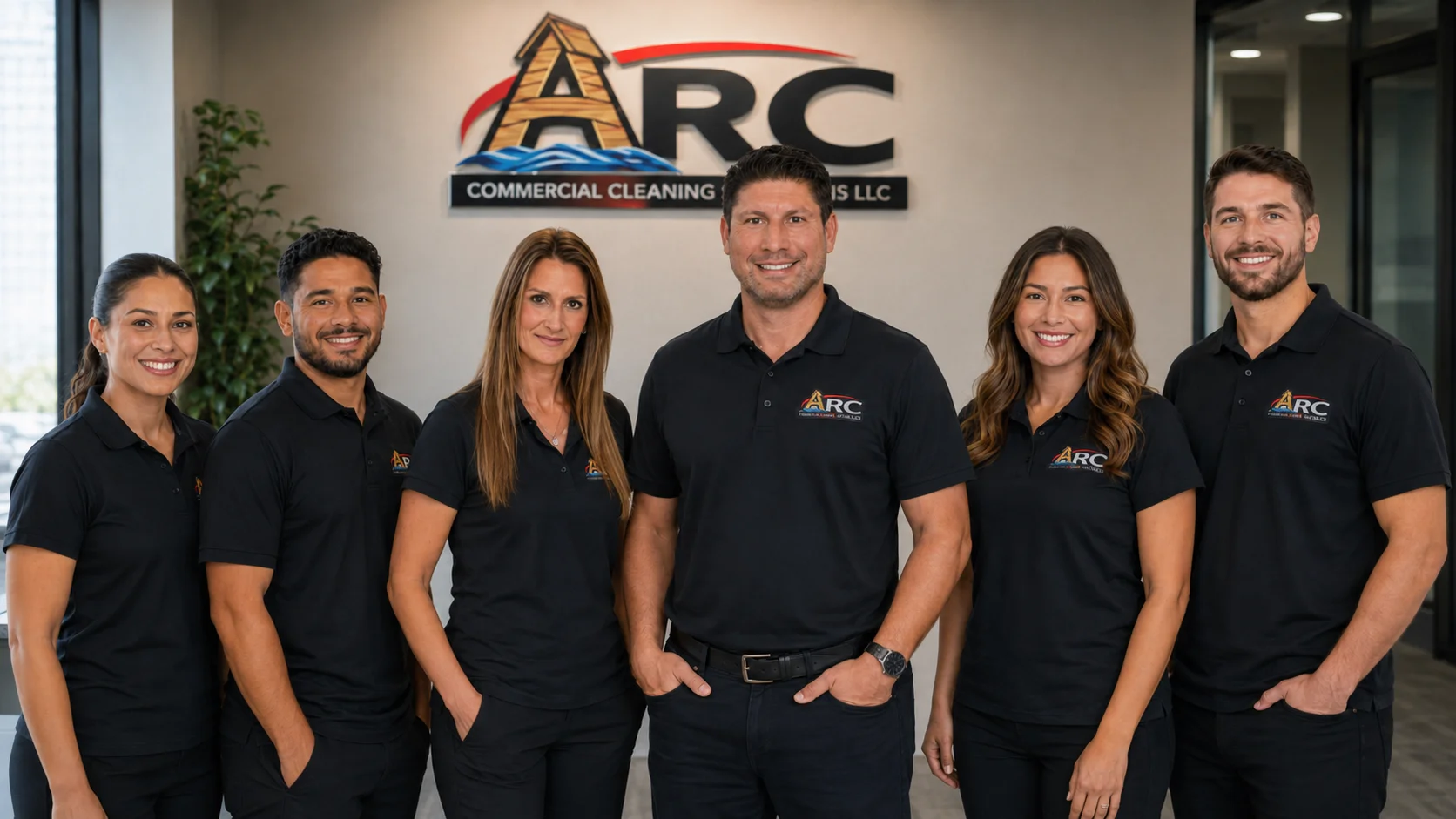 The ARC Commercial Cleaning Solutions family team in branded polos