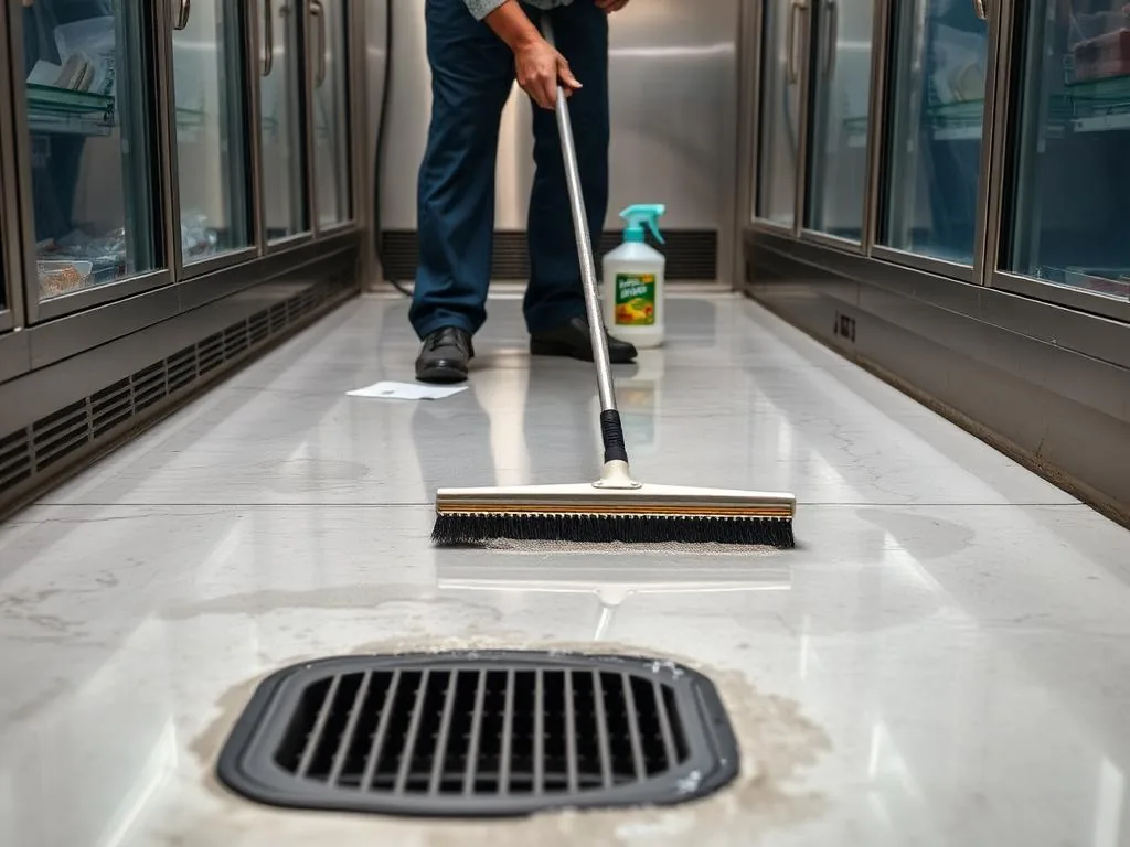 Cleaning walk-in cooler floor and drain