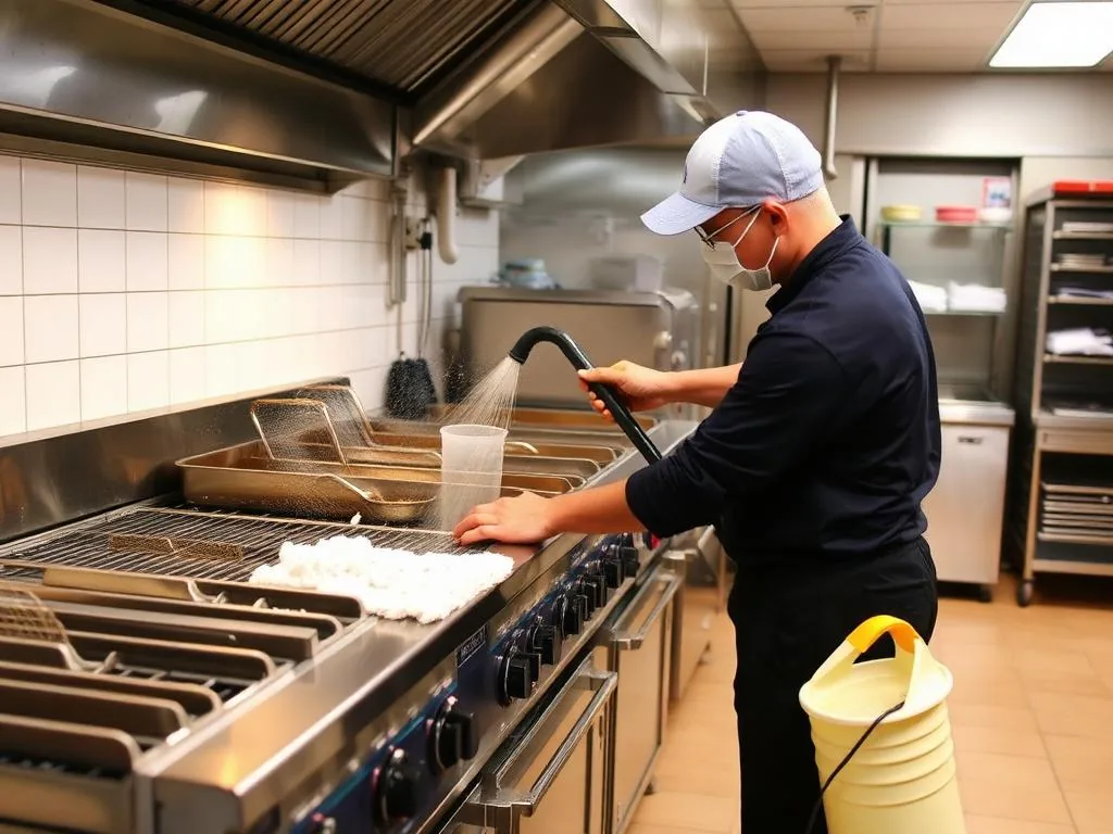Technician cleaning a commercial cooking line