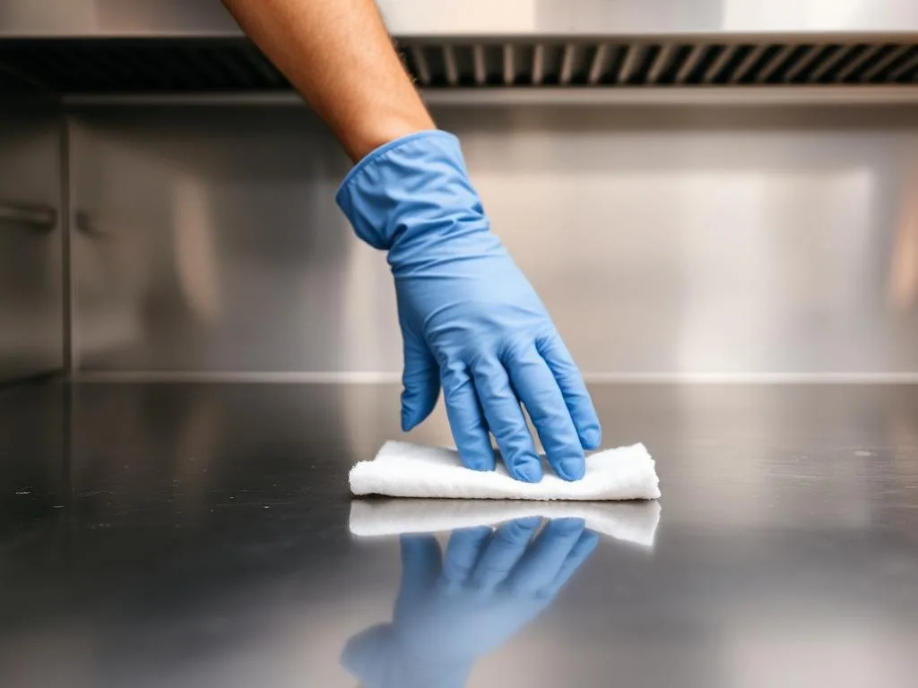 Sanitizing a stainless steel kitchen prep surface