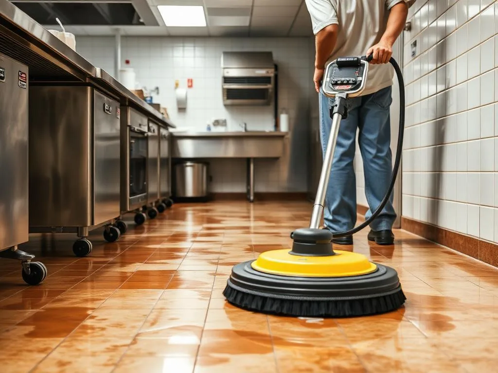 Worker deep cleaning a commercial kitchen tile floor with industrial scrubber