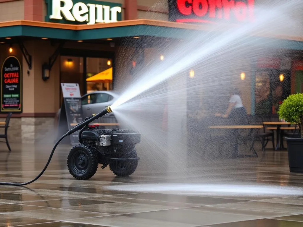 Commercial power washer cleaning restaurant exterior pavement