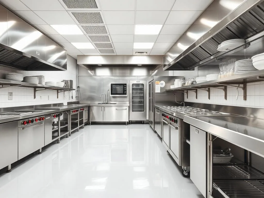Spotless commercial kitchen interior after professional cleaning