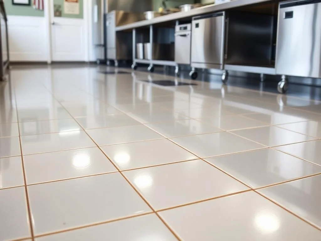 Gleaming clean commercial kitchen tile floor