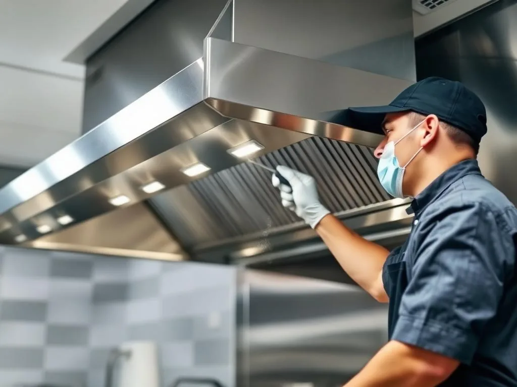 Technician cleaning a commercial kitchen exhaust hood