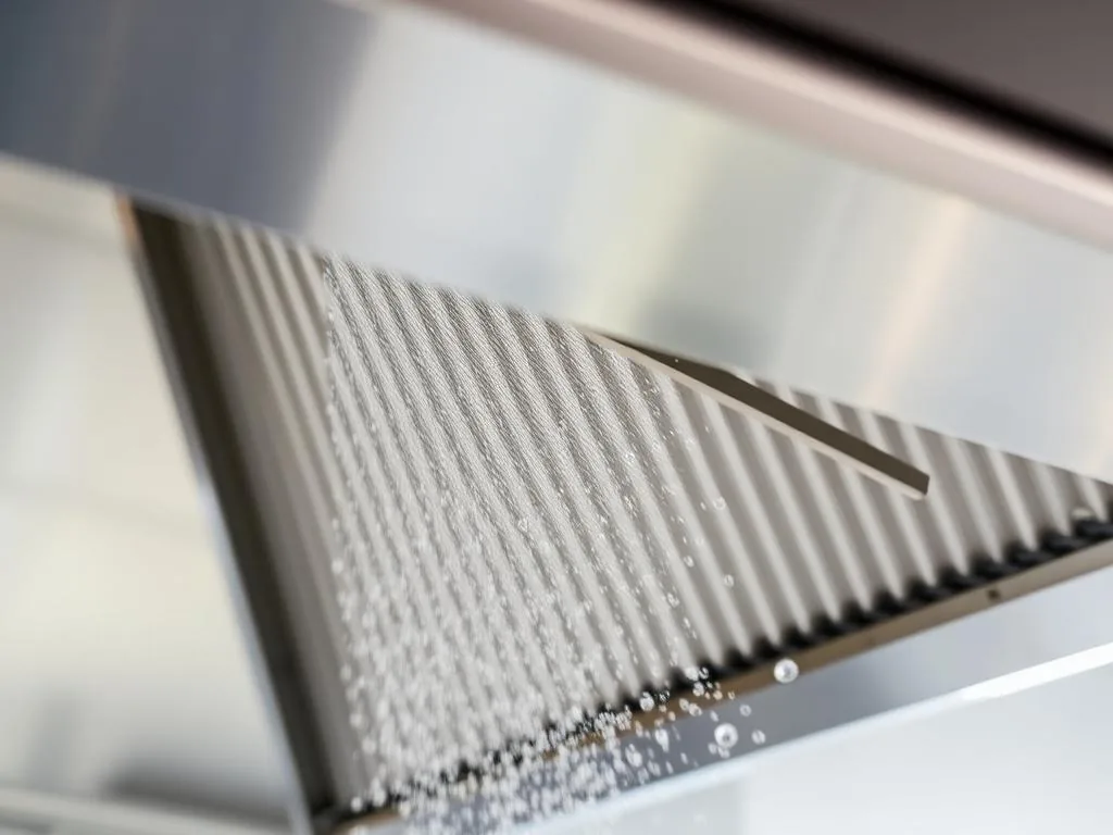 Close-up of stainless steel kitchen exhaust filter being cleaned
