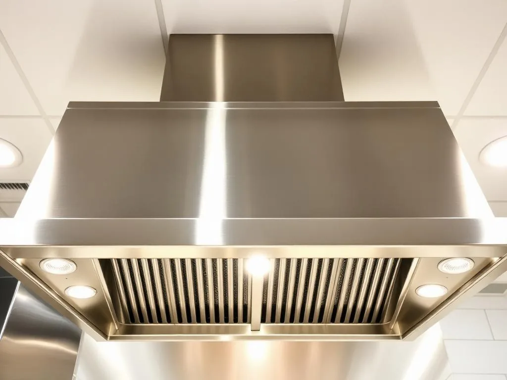 Polished commercial kitchen hood after professional cleaning