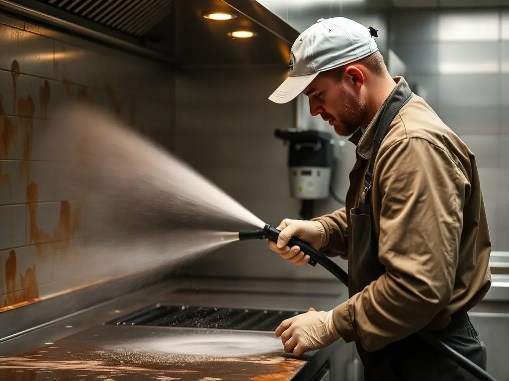 Worker power washing greasy commercial kitchen surfaces